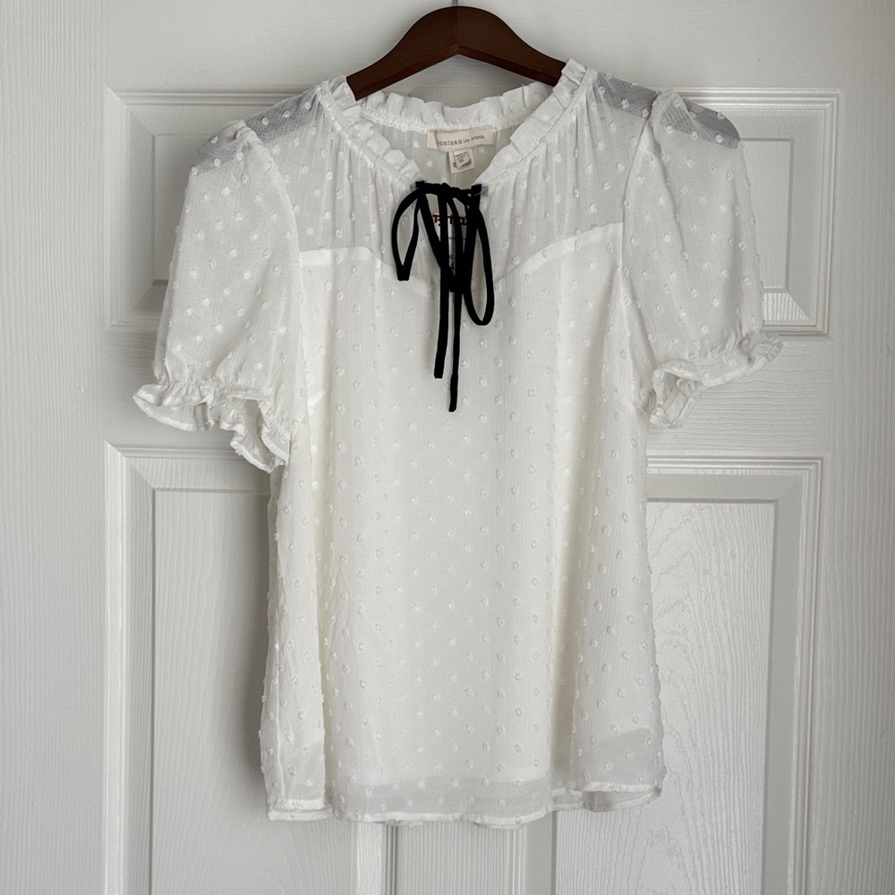 NWT White Ruffled Blouse with Black Tie